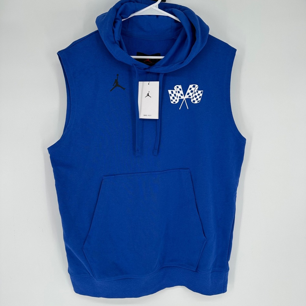 NWT Jordan Mens Sleeveless Hoodie Blue Racing Checkered Flag DQ7946-449 Size M